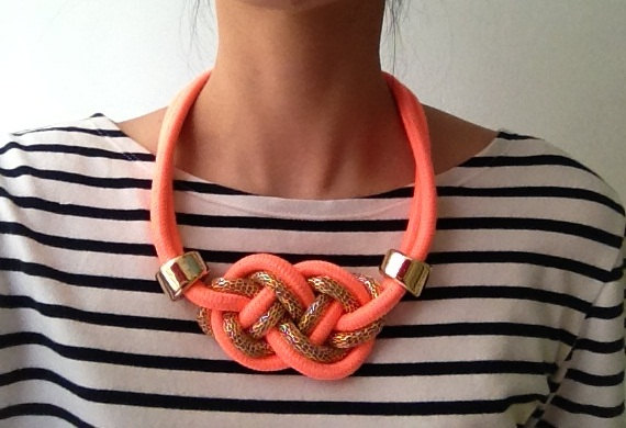 Statement Necklace With Coral Orange Pink ,rope Necklace, Tie The Knot Necklace, Nautical Necklace, Gift For Her